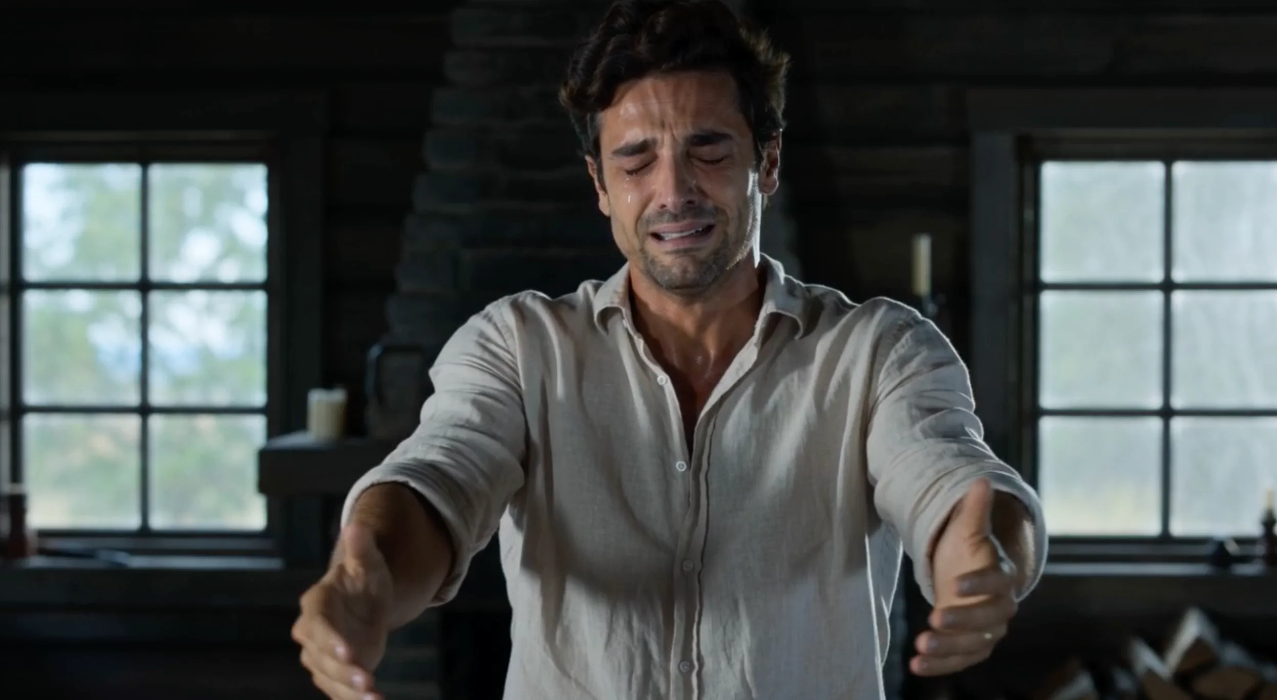The tearful survivor staying in the cabin and opening their arms